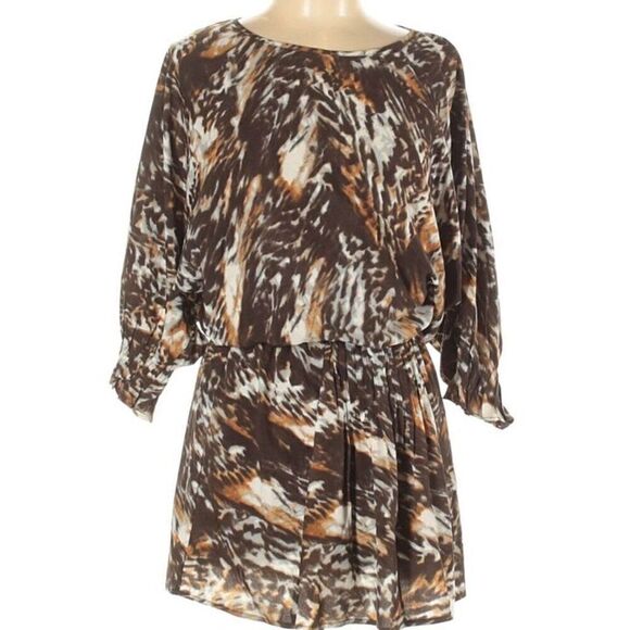 W118 By Walter Baker S Bishop Sleeve Blouson Mini Dress Animal Print Brown Boho - Picture 2 of 6
